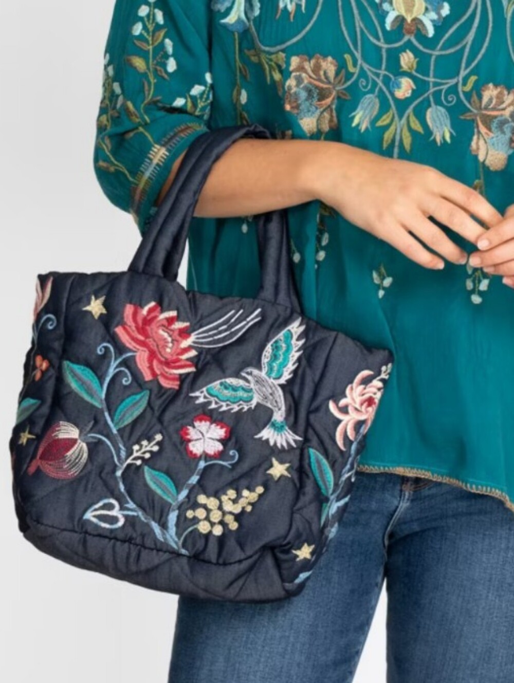 Johnny Was Viola Quilted Shoulder Tote Crossbody W/Floral & Bird Embroidery NWOT